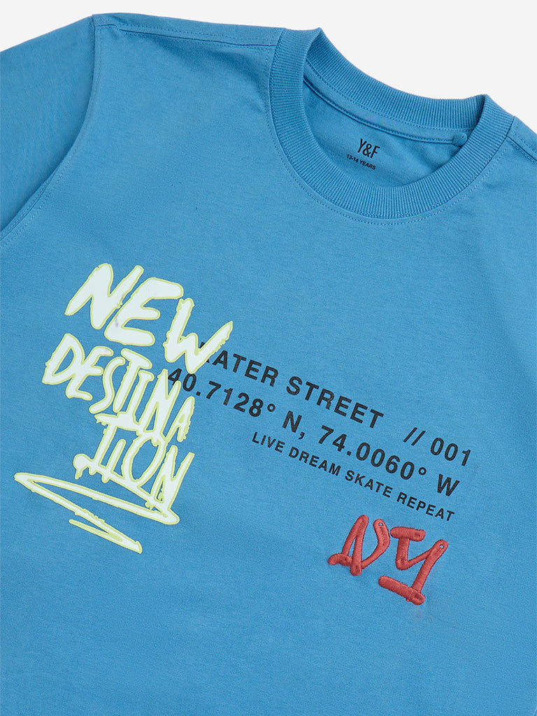 Y&F Kids Blue Typographic Cotton T-Shirt