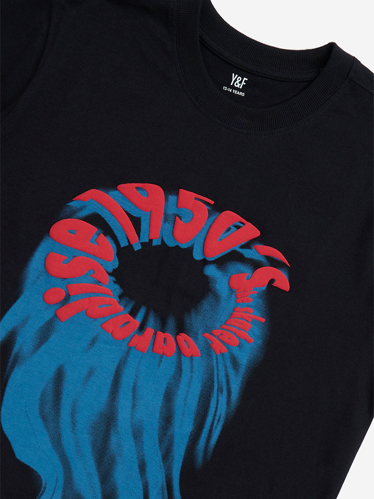 Y&F Kids Black Graphic Design Cotton T-Shirt