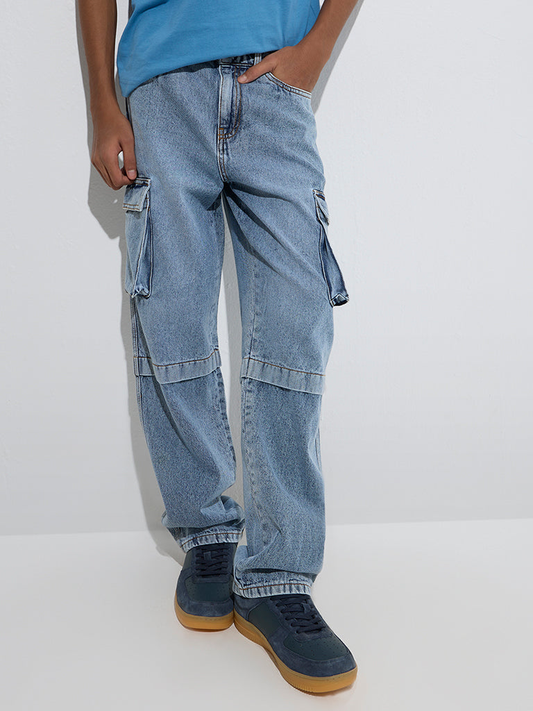 Y&F Kids Blue Cargo-Style Relaxed-Fit Mid-Rise Jeans
