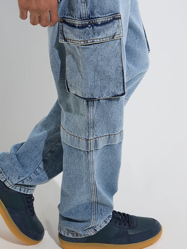 Y&F Kids Blue Cargo-Style Relaxed-Fit Mid-Rise Jeans