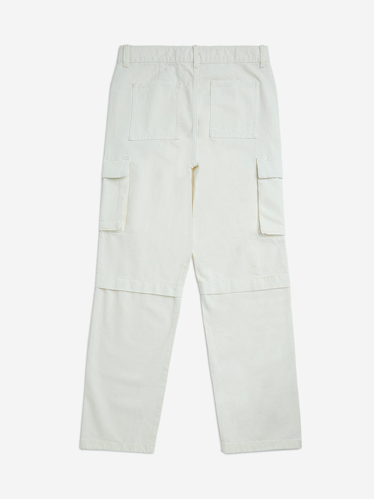 Y&F Kids Off-White Cargo-Style Relaxed-Fit Mid-Rise Jeans