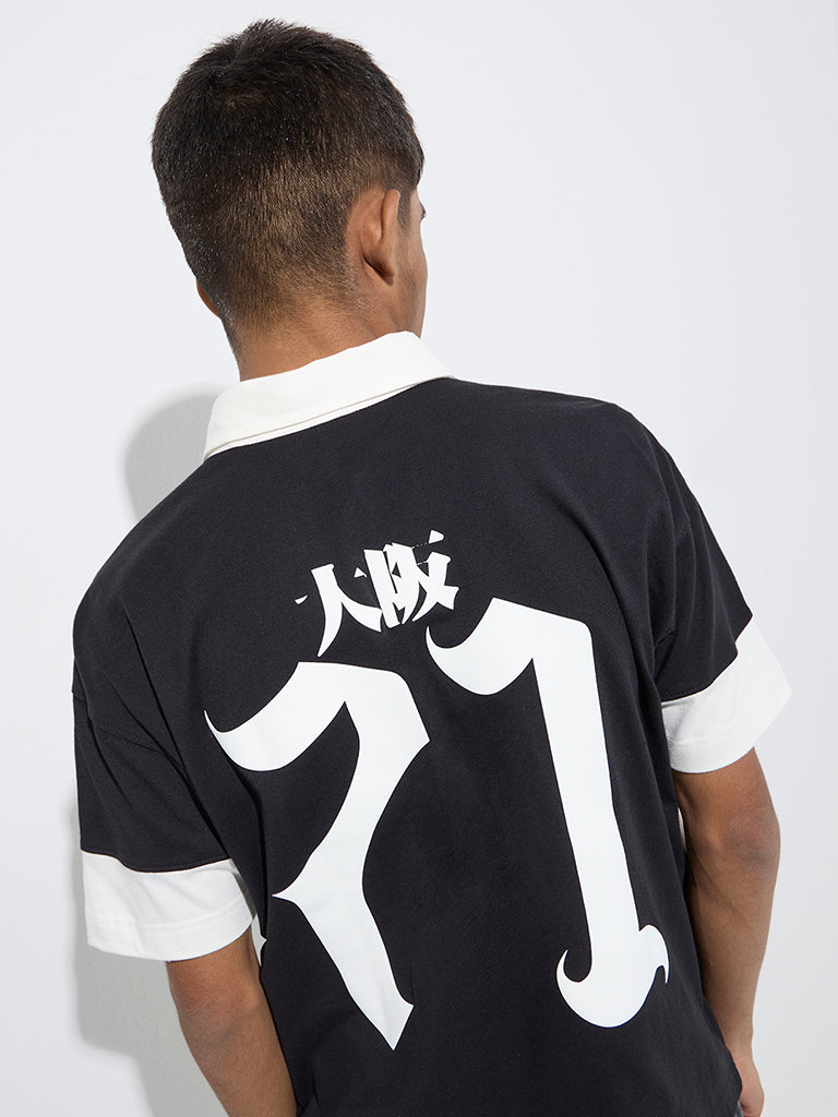Y&F Kids Black Colour-Blocked Cotton Polo T-Shirt