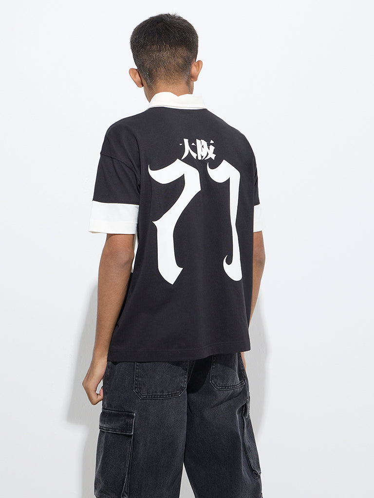 Y&F Kids Black Colour-Blocked Cotton Polo T-Shirt
