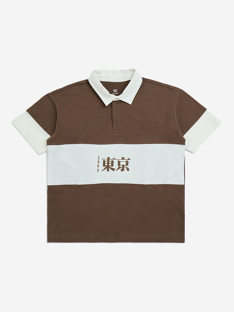 Y&F Kids Brown Colour-Blocked Cotton Polo T-Shirt