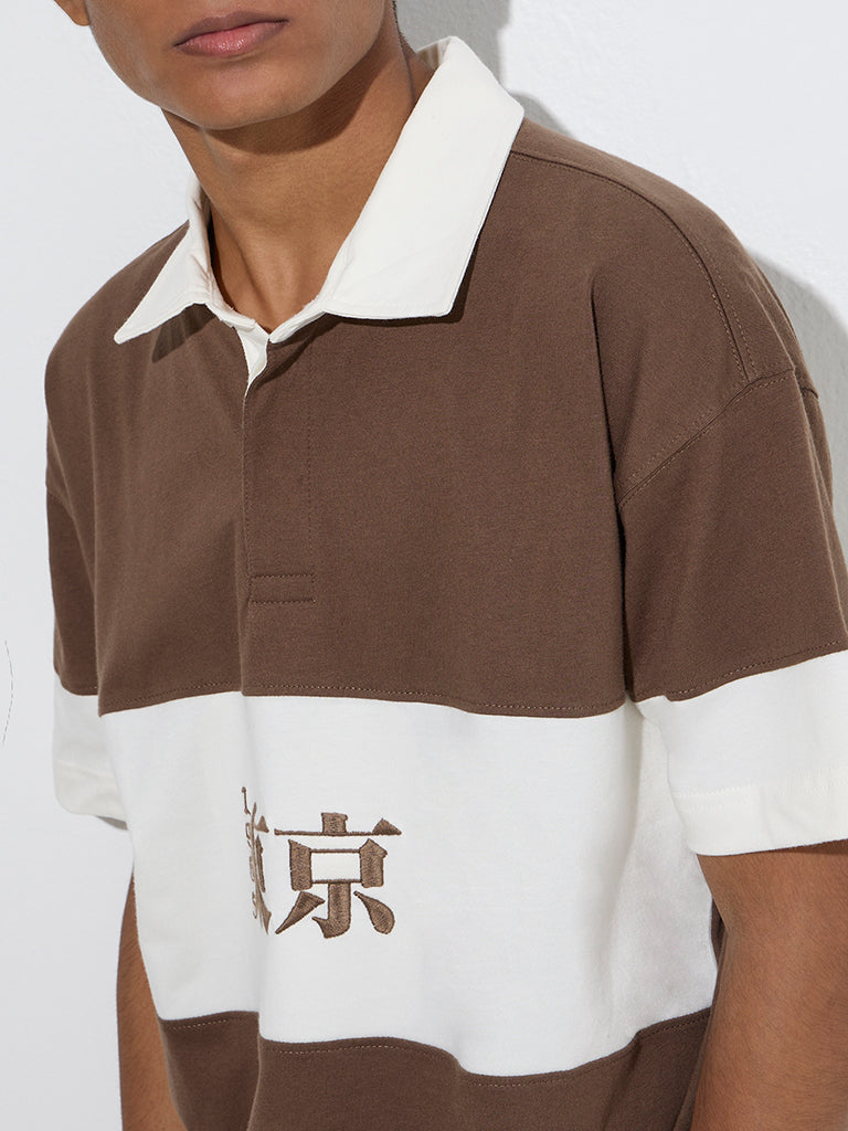 Y&F Kids Brown Colour-Blocked Cotton Polo T-Shirt