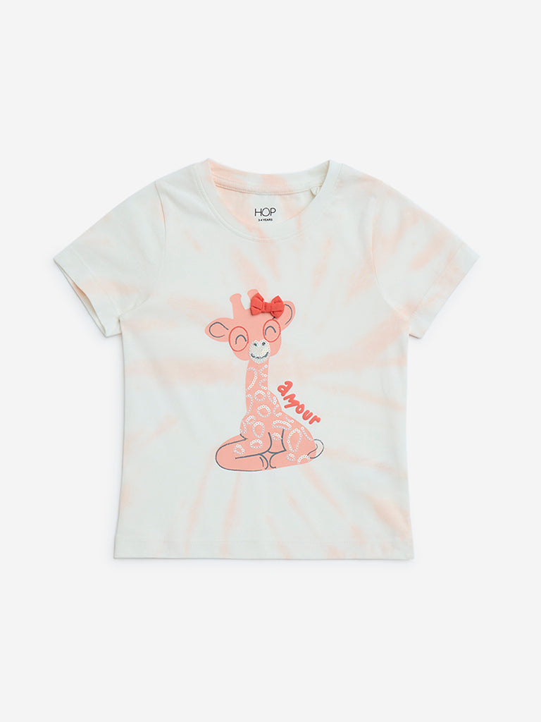 HOP Kids Peach Animal Printed Cotton T-Shirt