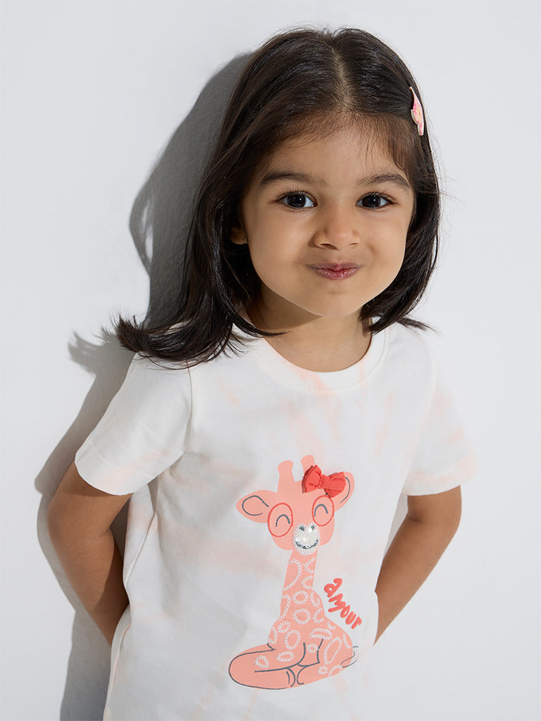 HOP Kids Peach Animal Printed Cotton T-Shirt