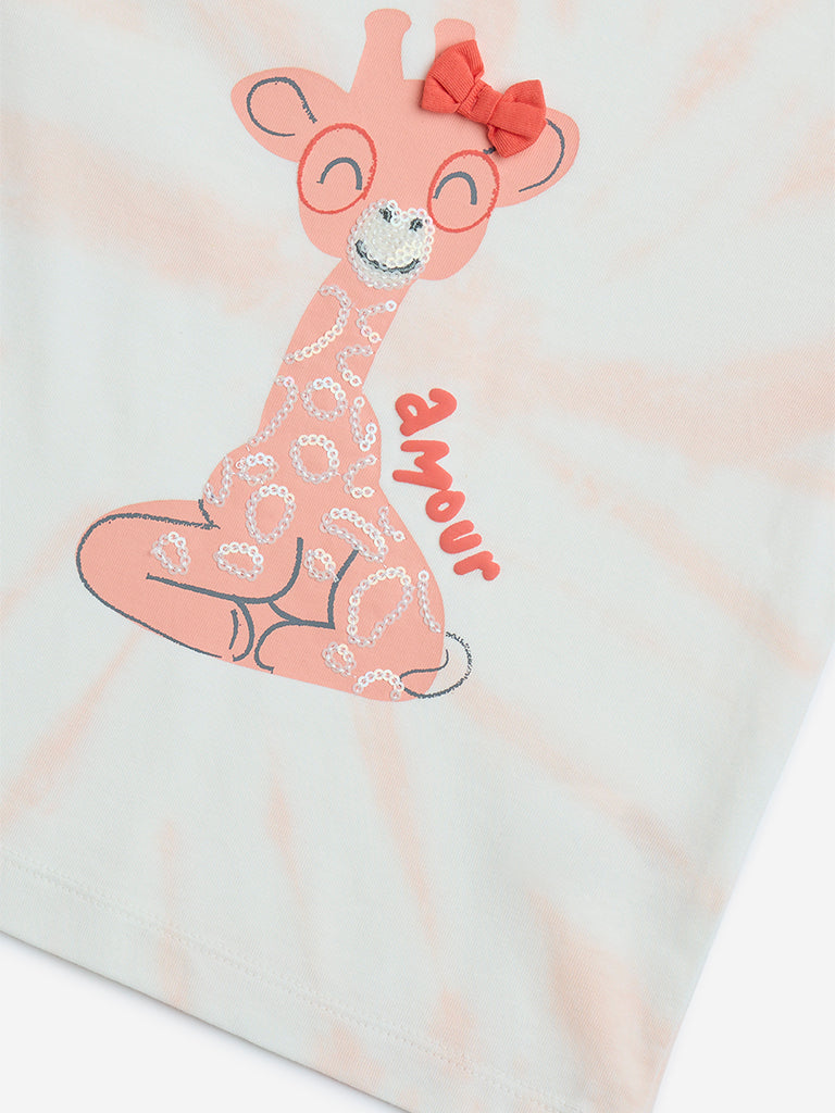 HOP Kids Peach Animal Printed Cotton T-Shirt