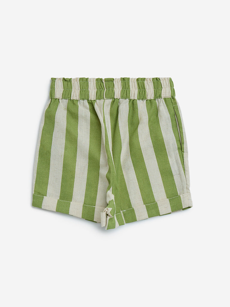 Utsa Kids Green Stripe Printed Cotton-Blend Shorts - (2-8yrs)