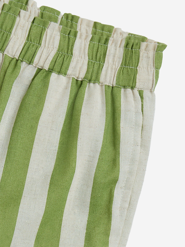 Utsa Kids Green Stripe Printed Cotton-Blend Shorts - (2-8yrs)