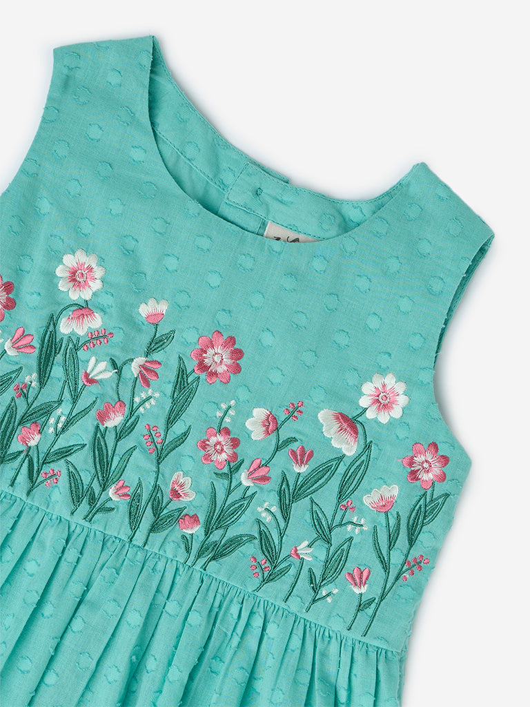Utsa Kids Aqua Floral Cotton-Blend Tiered Dress - (2-8yrs)