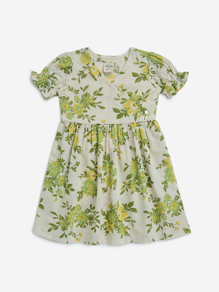 Utsa Kids Off-White Floral Flared Fit Cotton-Blend Dress - (2-8yrs)