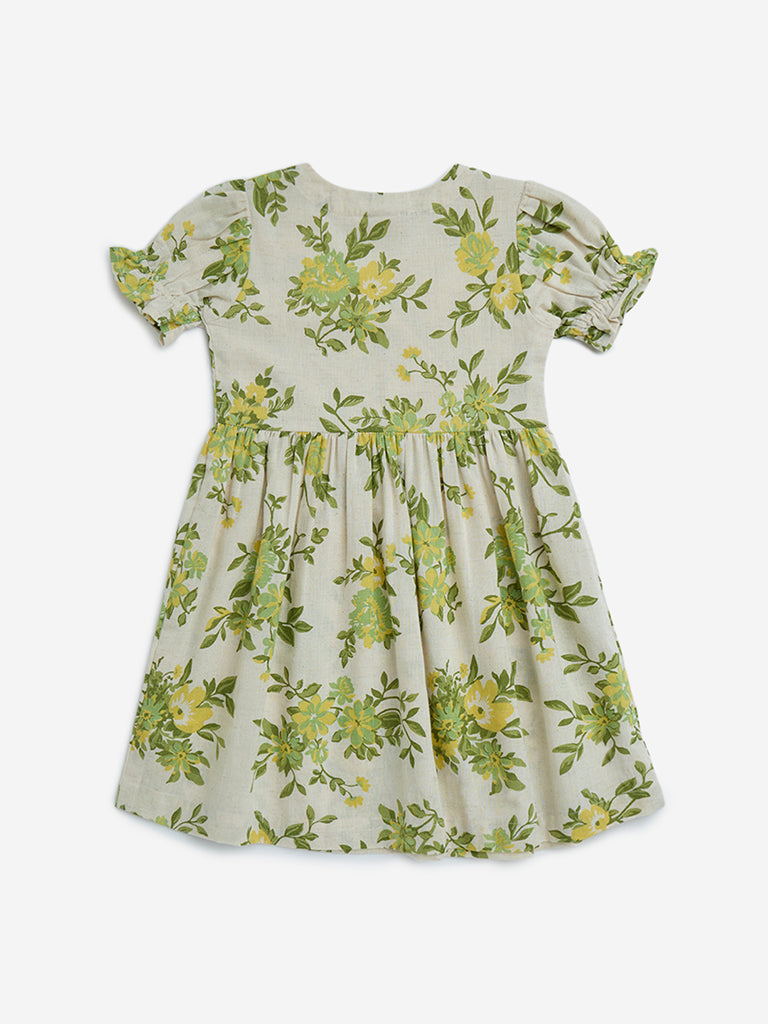 Utsa Kids Off-White Floral Flared Fit Cotton-Blend Dress - (2-8yrs)