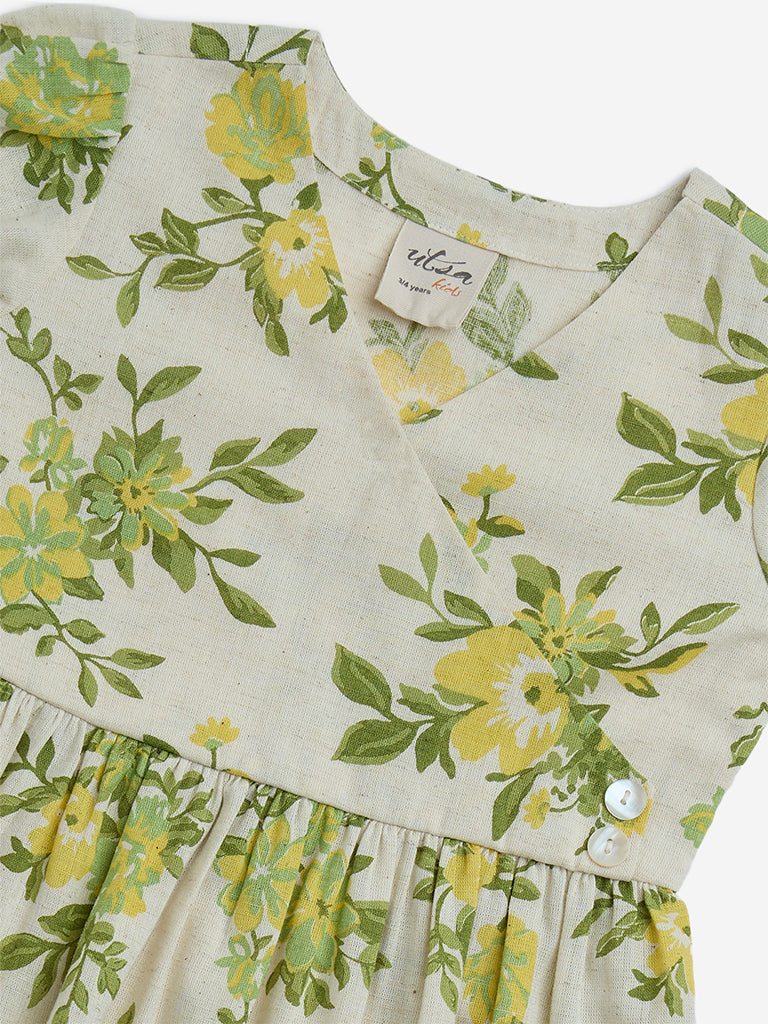 Utsa Kids Off-White Floral Flared Fit Cotton-Blend Dress - (2-8yrs)