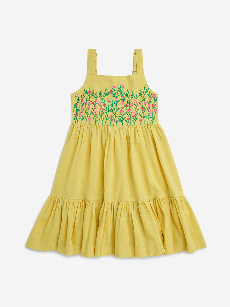 Utsa Kids Yellow Floral Embroidered Cotton-Blend Tiered Dress - (2-8yrs)