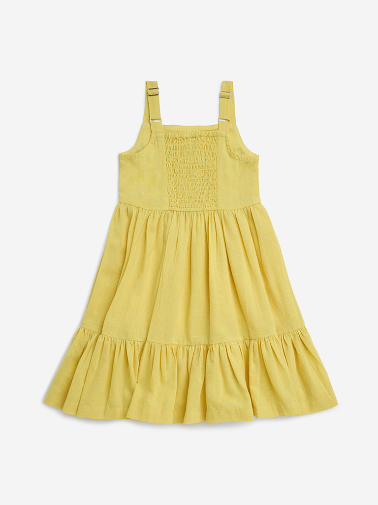Utsa Kids Yellow Floral Embroidered Cotton-Blend Tiered Dress - (2-8yrs)