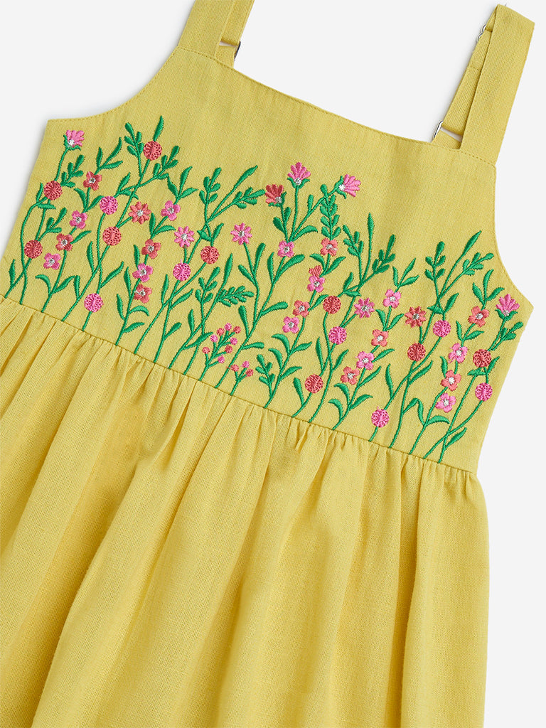 Utsa Kids Yellow Floral Embroidered Cotton-Blend Tiered Dress - (2-8yrs)