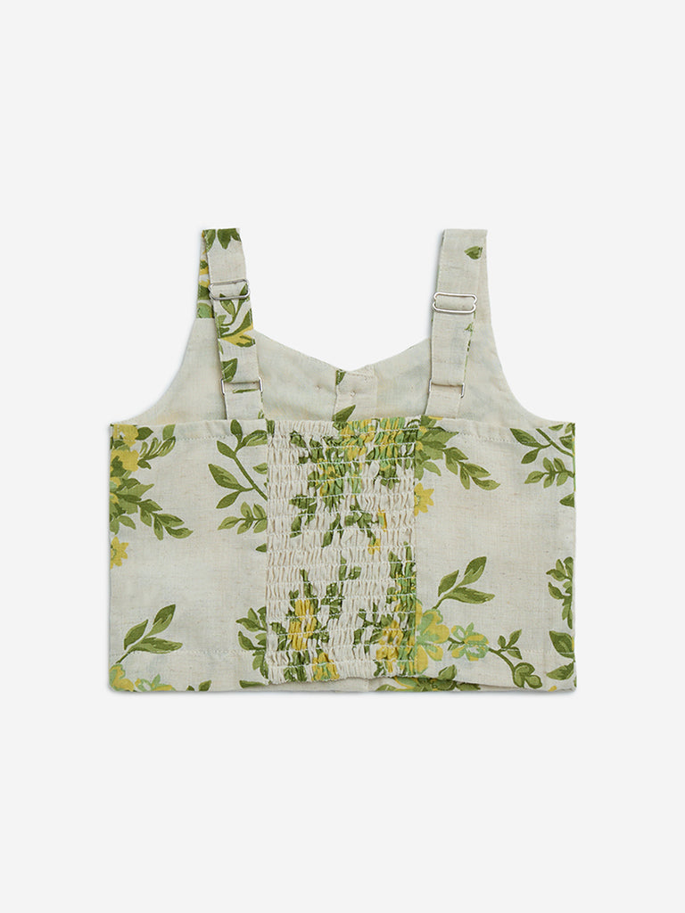 Utsa Kids Off-White Botanical Print Cotton-Blend Ethnic Top - (2-8yrs)