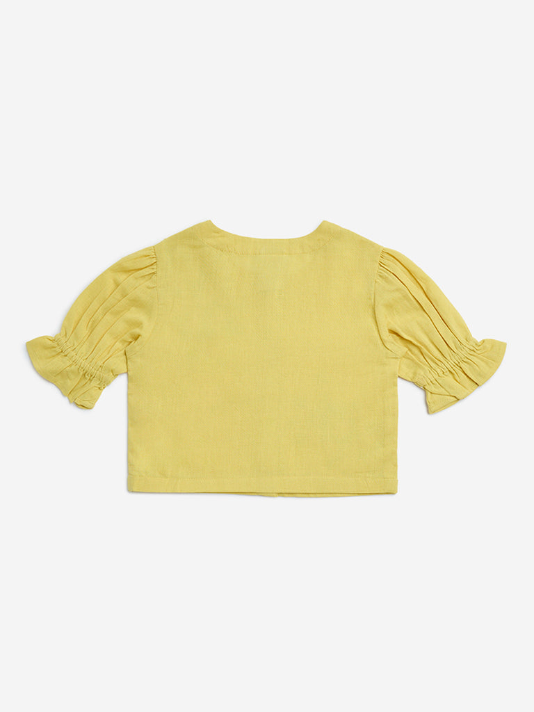 Utsa Kids Yellow Floral Embroidered Cotton-Blend Ethnic Top - (2-8yrs)