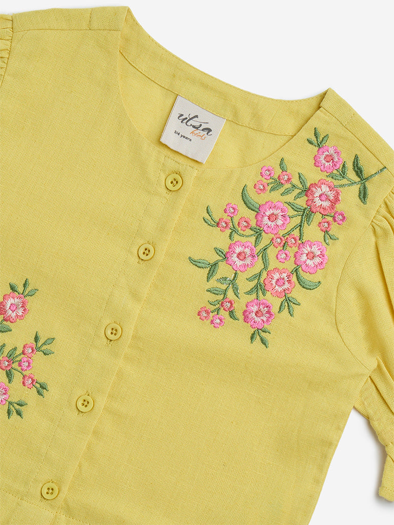 Utsa Kids Yellow Floral Embroidered Cotton-Blend Ethnic Top - (2-8yrs)