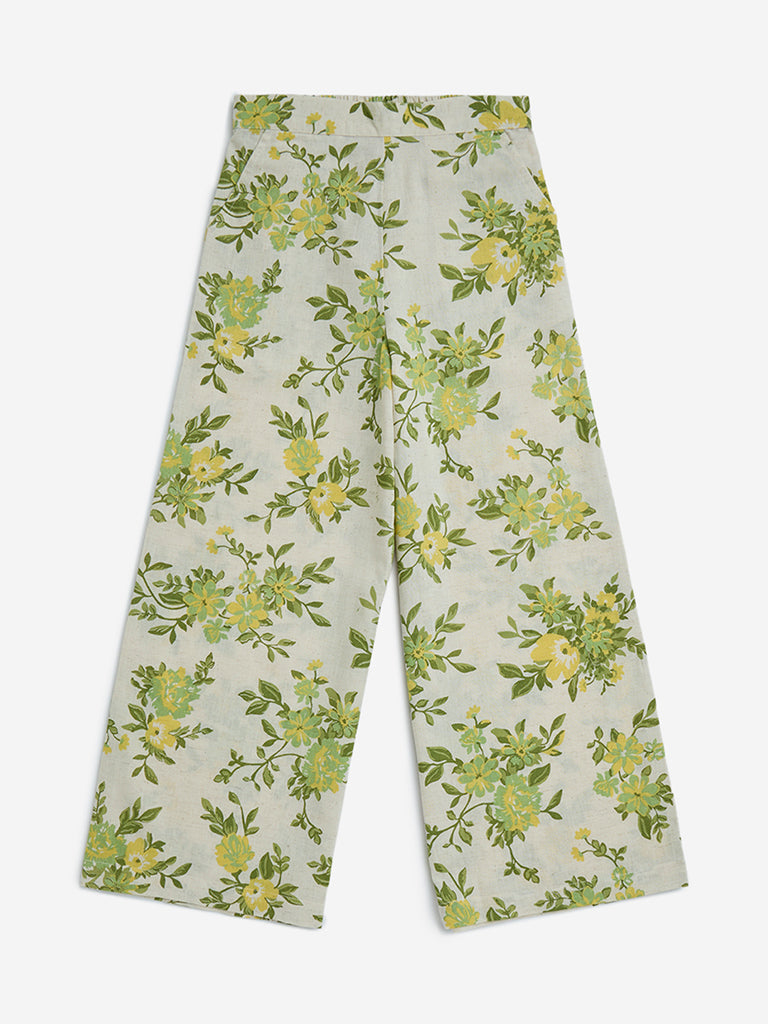 Utsa Kids Off-White Foliage Design Cotton-Blend Ethnic Pants - (8-14yrs)