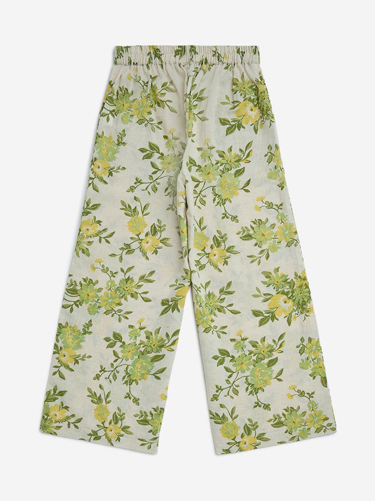 Utsa Kids Off-White Foliage Design Cotton-Blend Ethnic Pants - (8-14yrs)