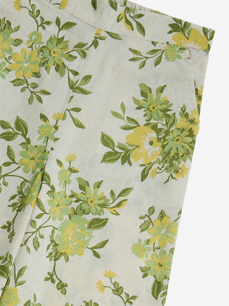 Utsa Kids Off-White Foliage Design Cotton-Blend Ethnic Pants - (8-14yrs)