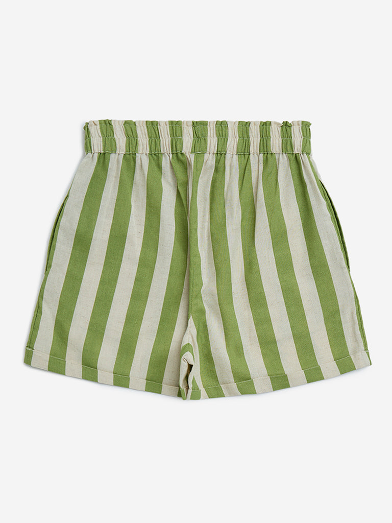 Utsa Kids Green Stripe Printed Cotton-Blend Shorts - (8-14yrs)