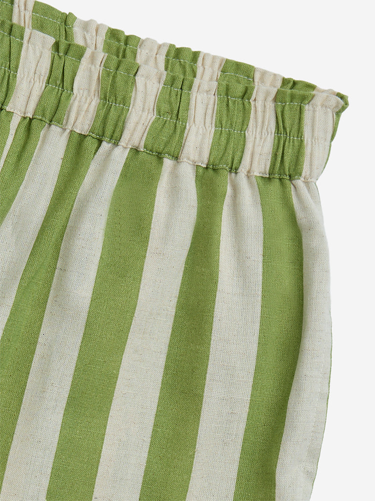Utsa Kids Green Stripe Printed Cotton-Blend Shorts - (8-14yrs)