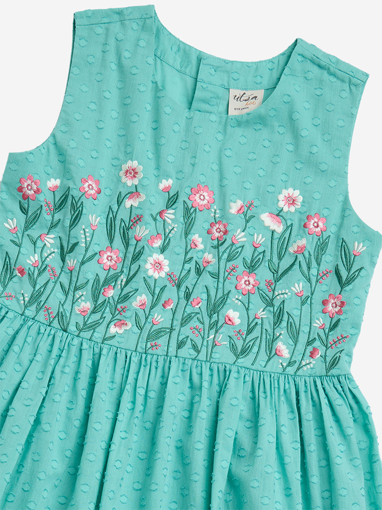 Utsa Kids Aqua Floral Cotton-Blend Tiered Dress - (8-14yrs)