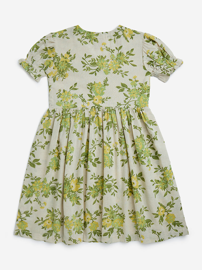 Utsa Kids Off-White Floral Flared Fit Cotton-Blend Dress - (8-14yrs)