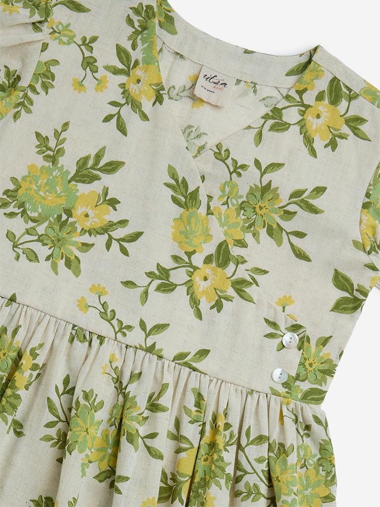 Utsa Kids Off-White Floral Flared Fit Cotton-Blend Dress - (8-14yrs)