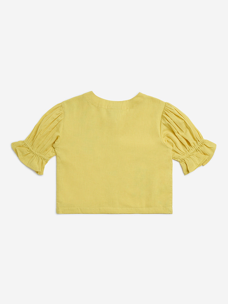 Utsa Kids Yellow Floral Embroidered Cotton-Blend Ethnic Top - (8-14yrs)