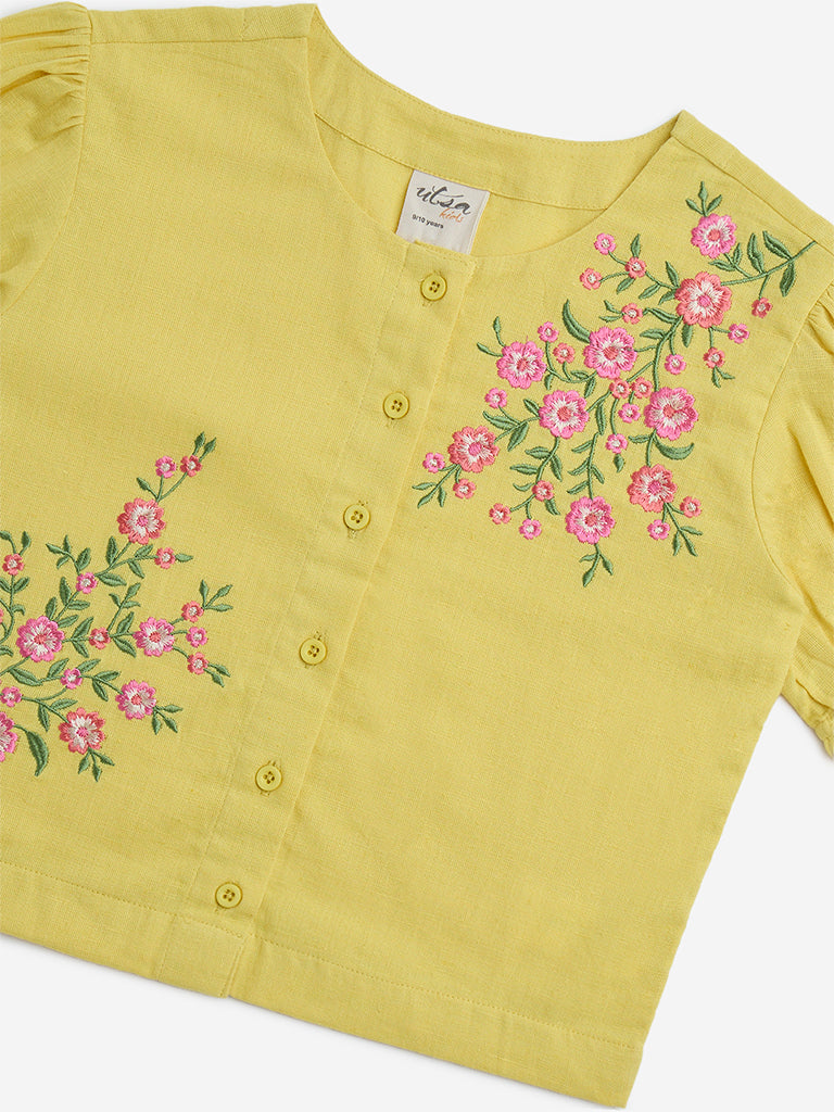 Utsa Kids Yellow Floral Embroidered Cotton-Blend Ethnic Top - (8-14yrs)