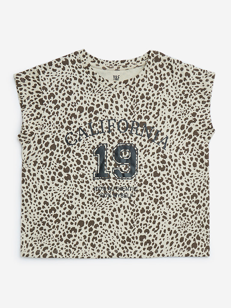 Y&F Kids Brown Leopard Printed Cotton-Blend Top