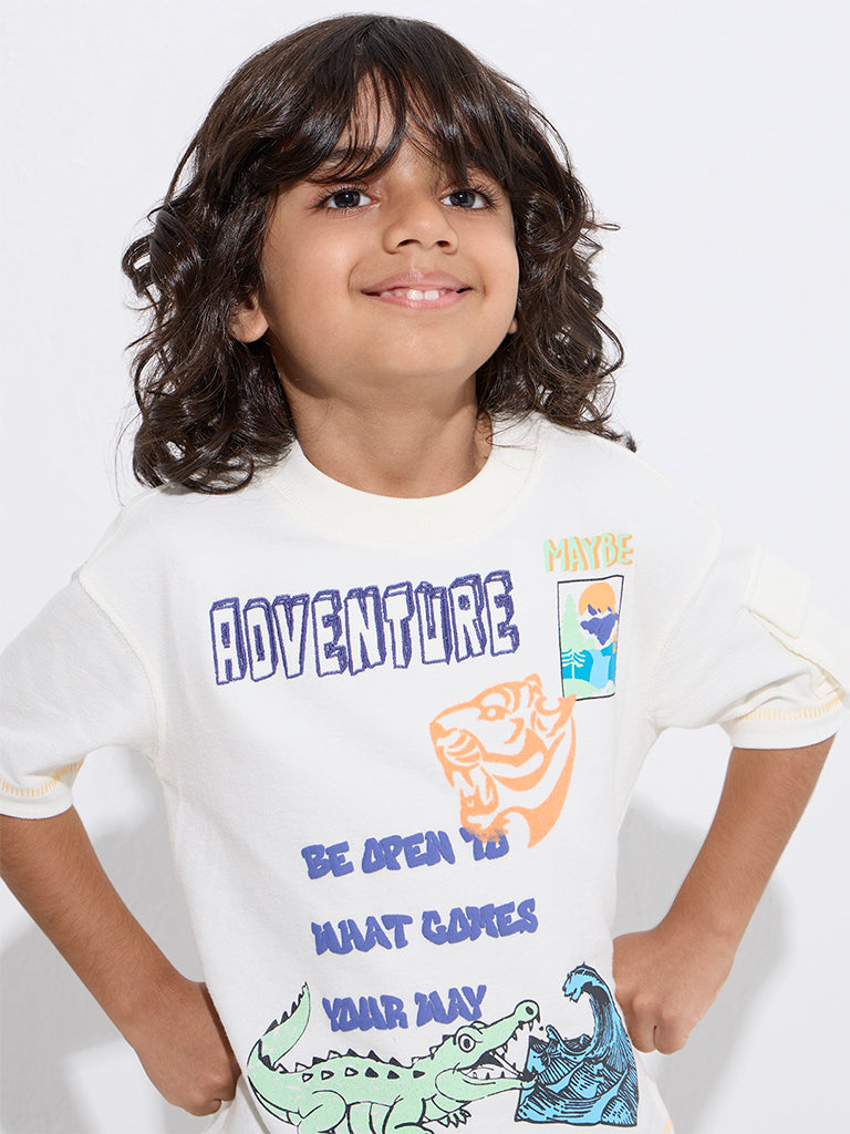 HOP Kids Off-White Text Pattern Cotton T-Shirt