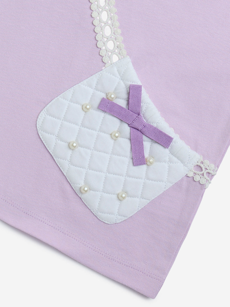 HOP Kids Lilac Pouch Detailed Cotton T-Shirt