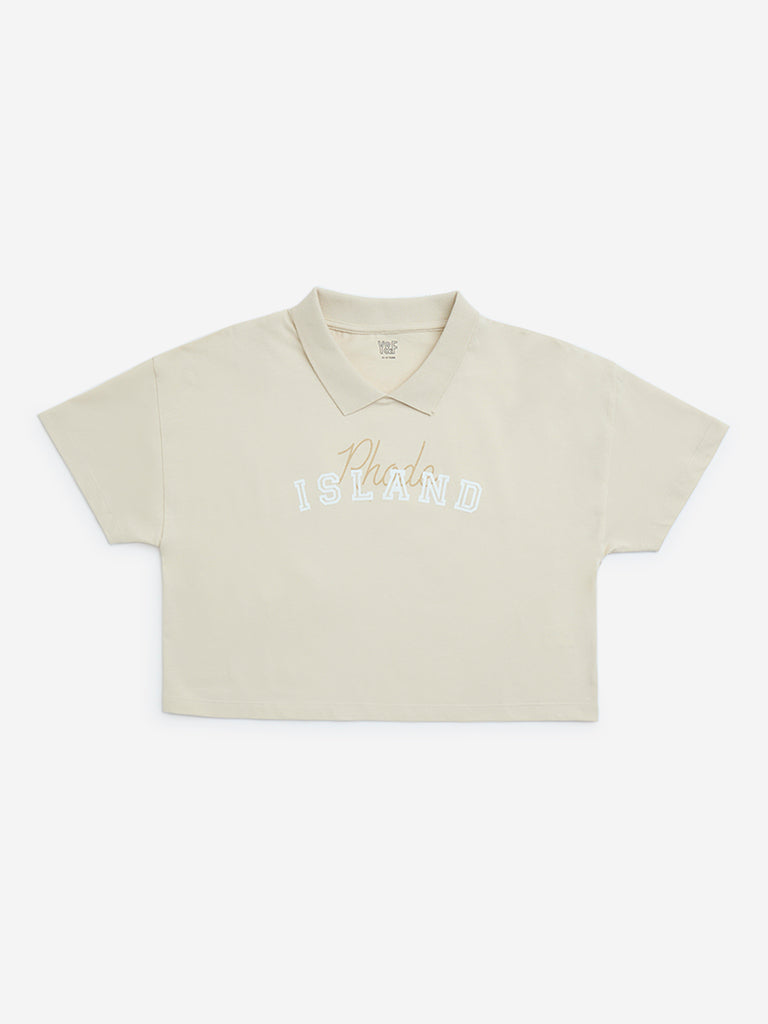 Y&F Kids Beige Text Design Cotton Polo T-Shirt