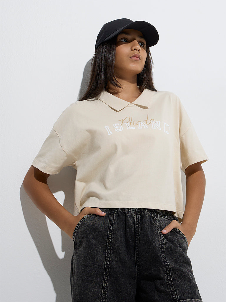Y&F Kids Beige Text Design Cotton Polo T-Shirt