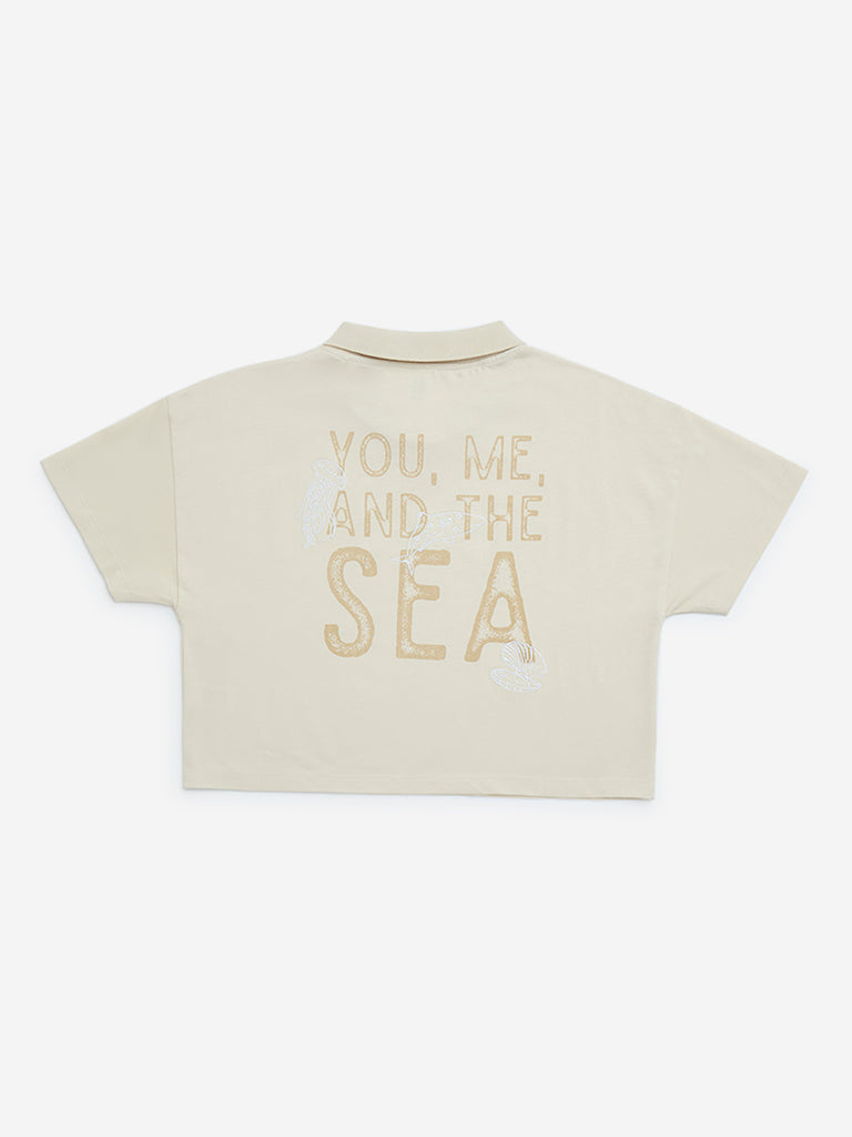Y&F Kids Beige Text Design Cotton Polo T-Shirt