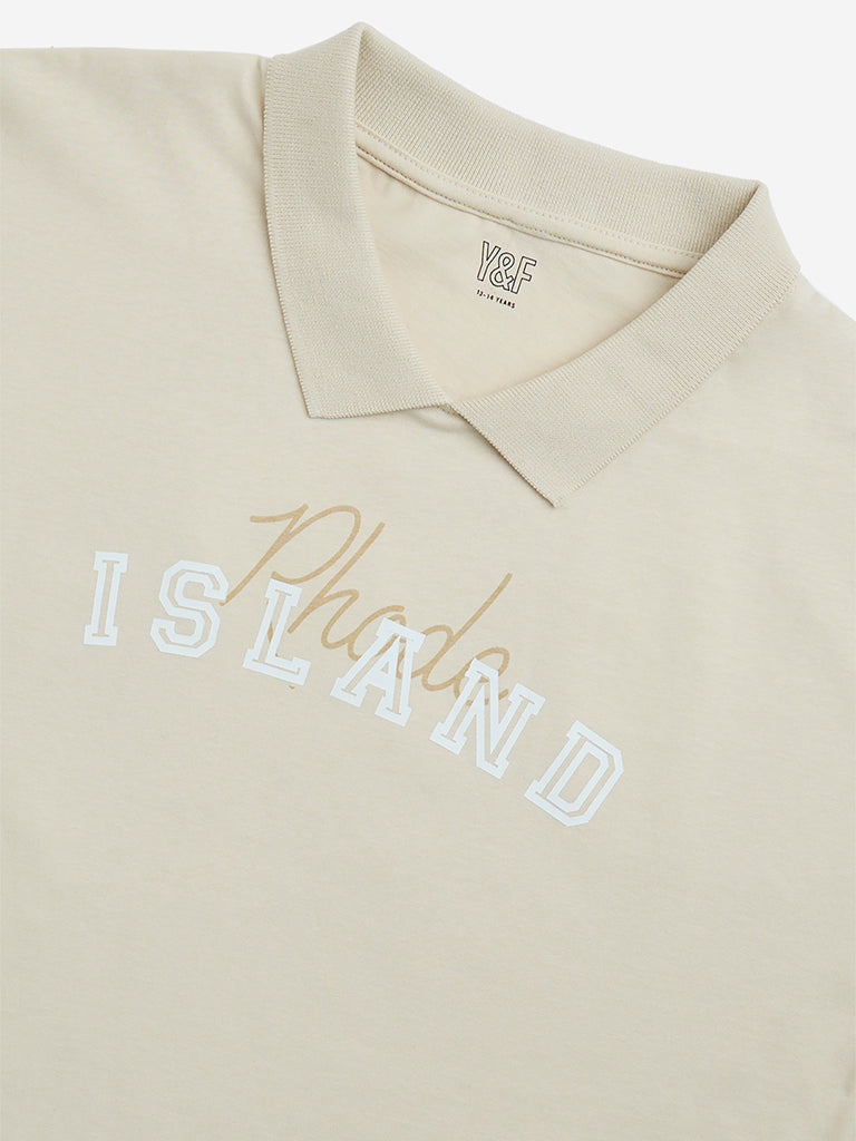 Y&F Kids Beige Text Design Cotton Polo T-Shirt