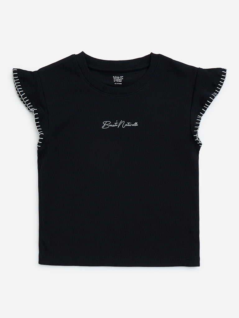 Y&F Kids Black Text Design Ribbed Cotton-Blend Top