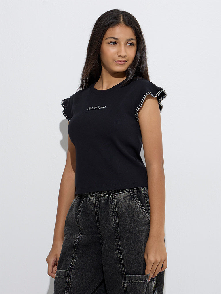Y&F Kids Black Text Design Ribbed Cotton-Blend Top