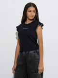 Y&F Kids Black Text Design Ribbed Cotton-Blend Top