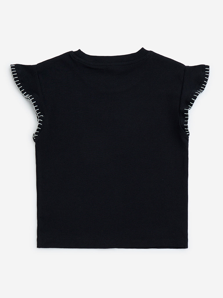 Y&F Kids Black Text Design Ribbed Cotton-Blend Top