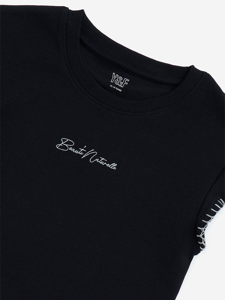 Y&F Kids Black Text Design Ribbed Cotton-Blend Top