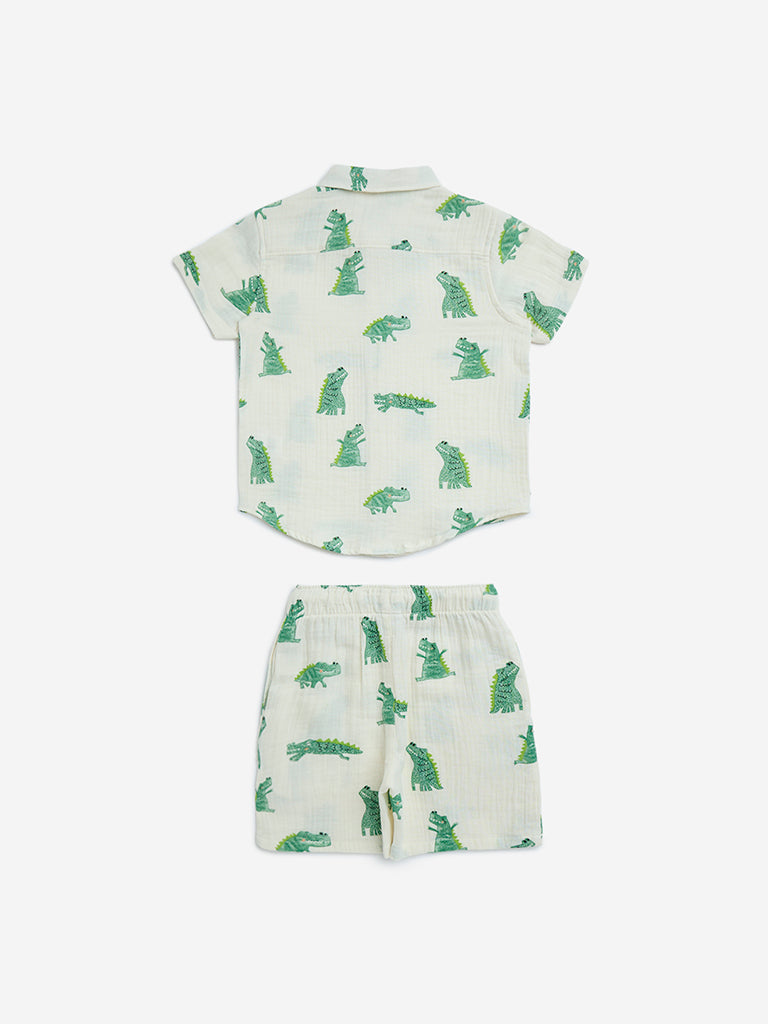 HOP Kids White Animal Design Cotton Shirt and Shorts Set
