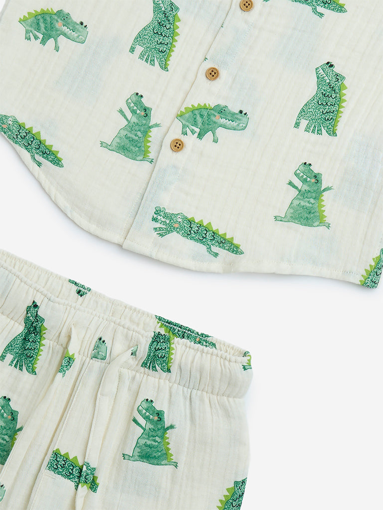 HOP Kids White Animal Design Cotton Shirt and Shorts Set