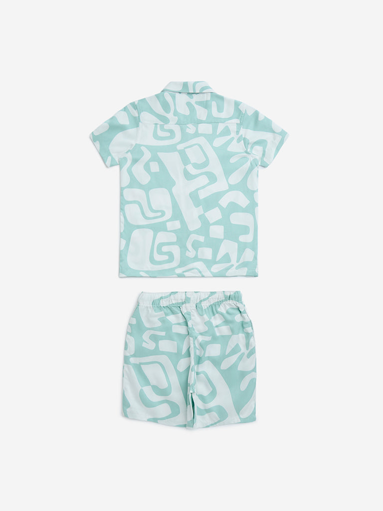 HOP Kids Teal Abstract Design Cotton Shirt and Shorts Set
