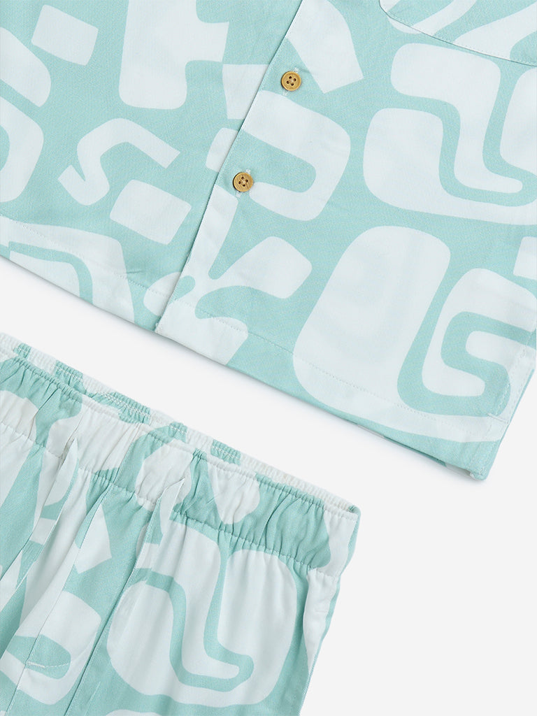 HOP Kids Teal Abstract Design Cotton Shirt and Shorts Set